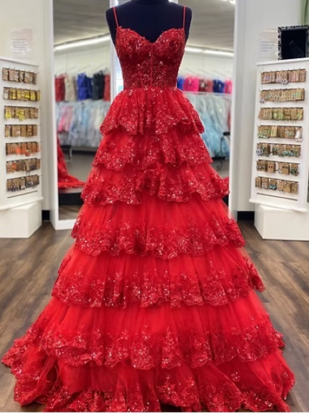 Sherri Hill 55925 Red Tiered Sequin Lace Ball Gown